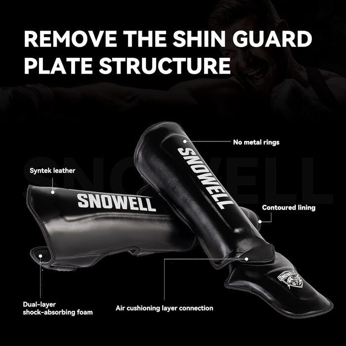 Щитки для гомілок для кікбоксингу синтетична шкіра, подвійна пінопластова підкладка, легкі та гнучкі, для муай-тай, ММА та бойових мистецтв без металевого кільця чорні
