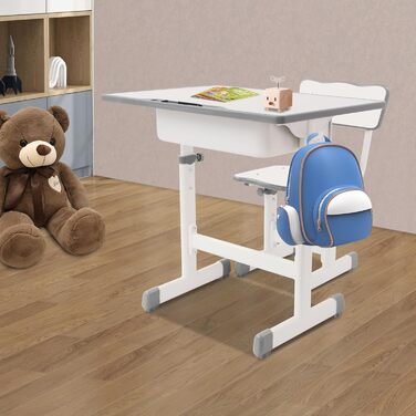 Дитячий письмовий набір, дитячий стіл з регульованою висотою (стіл 64-76 см, стілець 36-42 см), стіл з гачками, шухлядою та лотком для ручок для дітей віком 3-18 років, навчання письму та малюванню (кремово-білий)