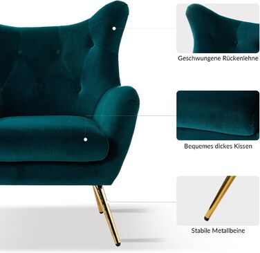 Крісло HULALA HOME, зручне крісло з відкидною спинкою та золотистими металевими ніжками, крісло для читання, зручне крісло з оксамиту для вітальні/спальні, темно-зелений 1 темно-зелений