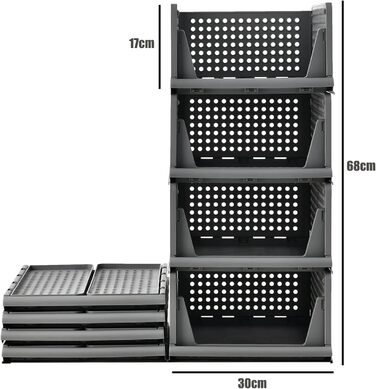 Набір ящиків із 4 предметів, гардеробний органайзер, штабелювана шафа, полиця для зберігання, пластиковий роздільник, штабелювані ящики для одягу, кухня, спальня, сірий