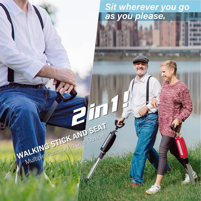 Стілець TA-Da серії 2 - Тростина для ходьби з сидінням, надлегка алюмінієва рама та міцний складний стілець (до 136 кг), складна конструкція, ідеально підходить для походів та активного відпочинку - Червоний, 82 см S (82 см)