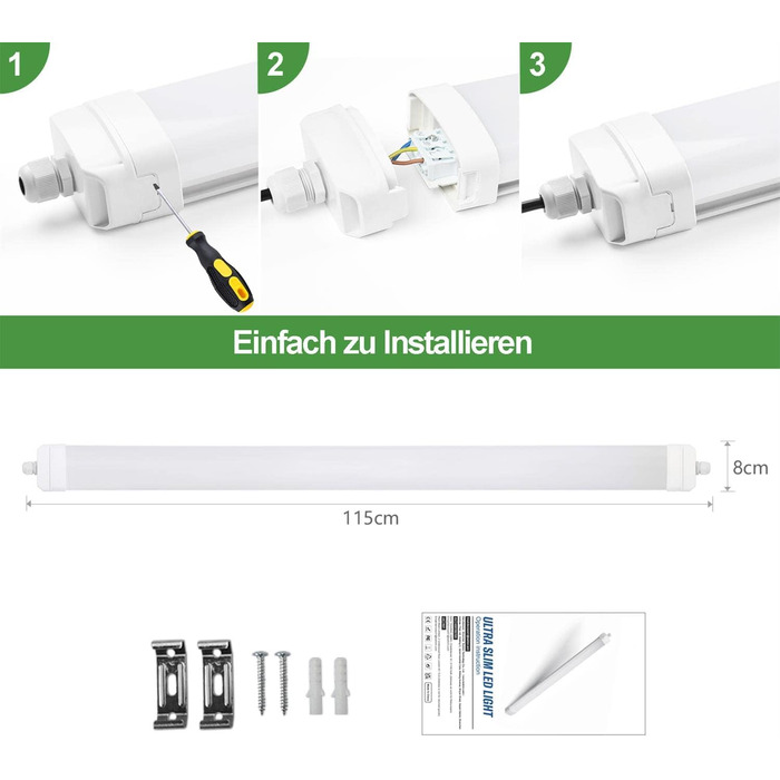 Світлодіодне вологозахисне світло TONFFI 115 см, світлодіодна трубка 36 Вт 4100 лм, послідовне підключення, нейтральний білий, водонепроникна вологозахисна лампа IP65 Лампа для ванни Стельовий світильник для підвальної майстерні Гараж Кухня Ванна кімната 