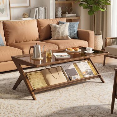 Скляний журнальний столик, 120 x 56 x 44 см, сучасний прямокутний журнальний столик, що підходить для вітальні, квартири та тераси, темний горіх