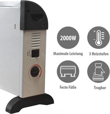 Електричний конвекційний обігрівач alpina CHYO2 електричний радіатор потужністю 2000 Вт з регульованим термостатом та функцією турбо для приміщень площею до 15 м білий