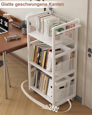 Металевий книжковий візок на колесах, вантажопідйомність 70 кг, бібліотечний візок з ручкою, 3 полиці, книжкова шафа на колесах для вітальні, спальні, офісу, бібліотеки з 3 магнітними підставками для книг білий