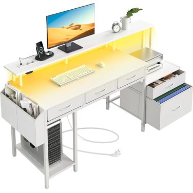 Письмовий стіл Rolanstar з розеткою, комп&39ютерний стіл з 5 шухлядами, світлодіодним освітленням, сумкою для зберігання та підставкою для монітора, сучасний кутовий стіл для домашнього офісу та ігор (білий)