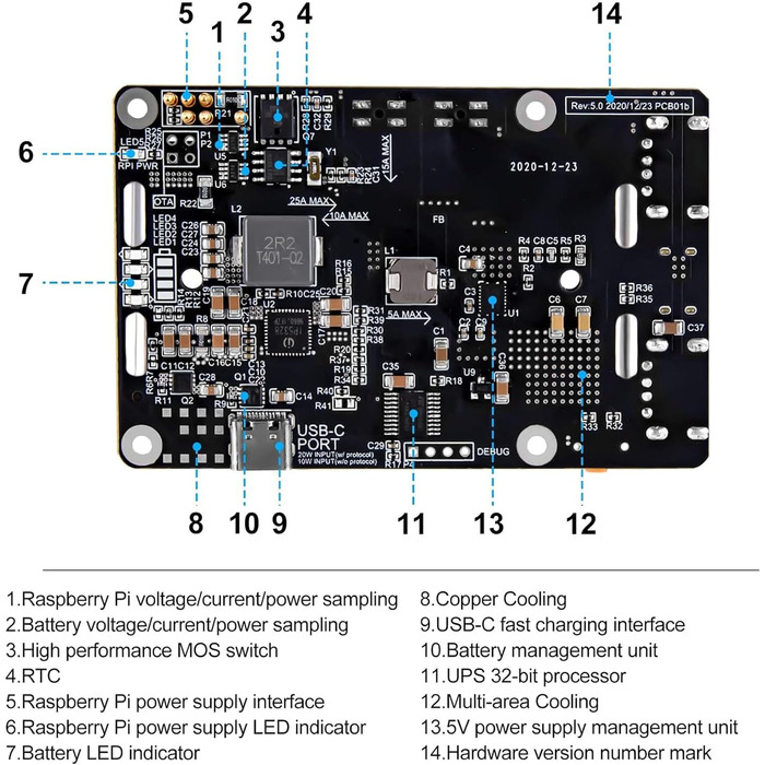 ДБЖ BAHJKASD з блоком живлення кулонометра RTC, розширена прошивка з двома USB-портами для модуля керування живленням ДБЖ RaspberryPi 3B/3B/4B