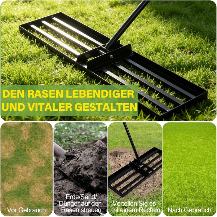 Гребінь для вирівнювання газону Rasenrechen 45x25 см з регульованою ручкою 2 м та системою обертання, зручний та економічний інструмент для вирівнювання газону на подвір'ї, в саду та на гольф-полі