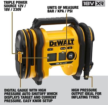 Акумуляторний компактний компресор Dewalt (підключення 12 В або акумулятор 18 В, 11 бар, для велосипедних та автомобільних шин, інвалідних візків, надувних човнів, повітряних подушок та матраців, включаючи аксесуари, без акумулятора та зарядного пристрою)