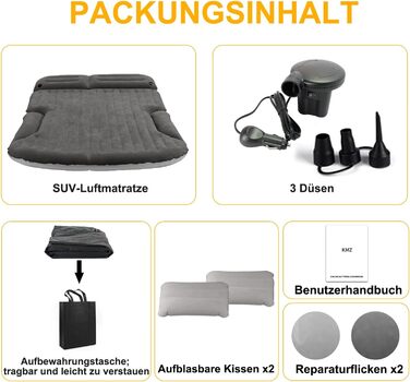 Автомобільний матрац KMZ, 2 подушки, надувний матрац для автомобіля, двосторонній потовщений флокований автомобільний матрац, надувне ліжко для багажника та заднього сидіння, темно-сірий