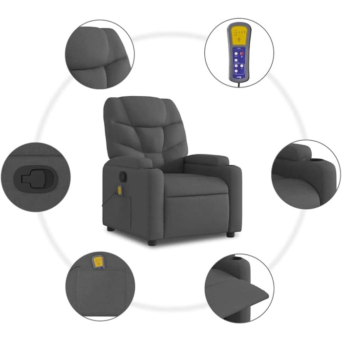 Масажне крісло vidaXL, крісло-реклайнер з регульованою спинкою, крісло для телевізора, розслаблююче крісло з функцією вібрації, м&39яке крісло-реклайнер, темно-сіра тканина