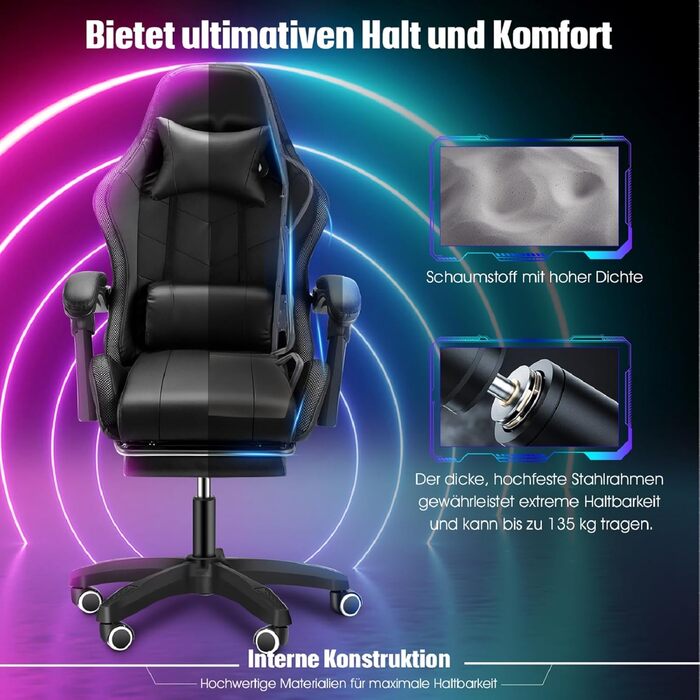 Ергономічне ігрове крісло з RGB-підсвічуванням 12 кольорів, ігрові крісла для дорослих з підставкою для ніг, підголівником та підлокітниками, крісло для ПК зі штучної шкіри, ігрове крісло з регульованою висотою для офісу та дому, чорний