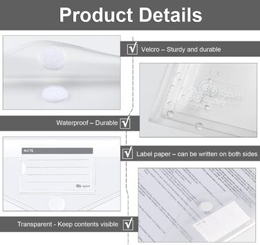 Сумка для документів Agoer 48 шт. A4 на липучці, ширші розміри Папка для документів A4 для подачі, A4 прозора з 11 отворами для впорядкування документів з кишенею для етикеток 48 шт. на липучці