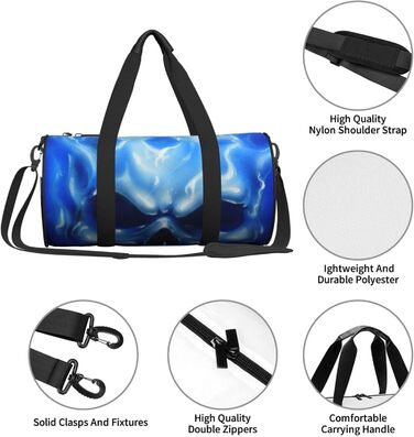 Синя смугаста сумка-дорожня сумка з черепом, кругла, великої місткості, легка та міцна, подарунок для походів, відпустки, ділових поїздок та іншого, синій полумяний череп, універсальний розмір