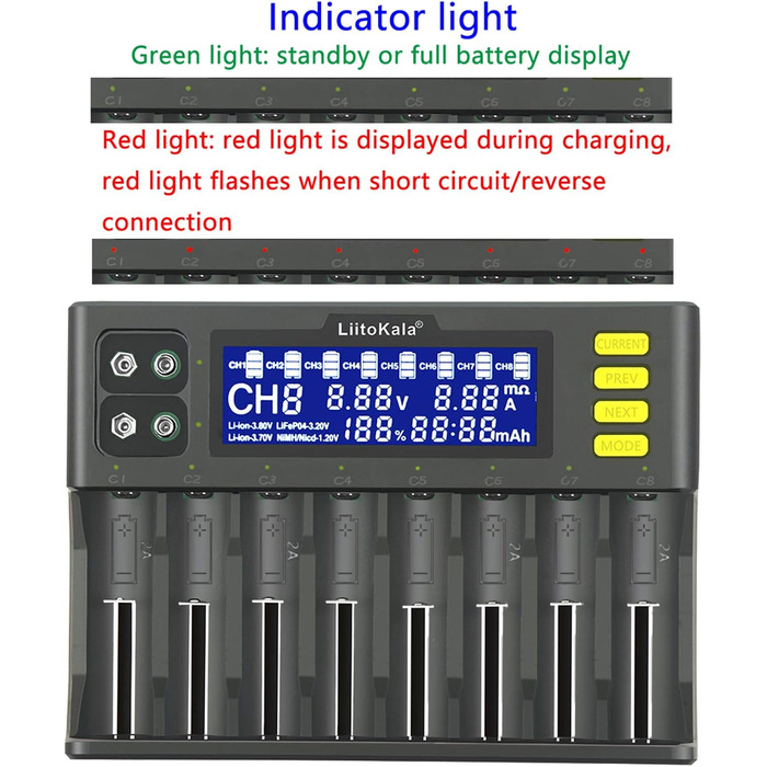 Інтелектуальний зарядний пристрій Docooler Liito Kala LII-S8, 8 слотів, автоматичний/ручний, світлодіодний, сумісний із літієвими акумуляторами 18650, 26650, 21700, 26700, AA, AAA