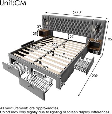 Двоспальний комплект ліжка 180 x 200 см з 2 тумбочками та 4 шухлядами, узголів&39ям зі світлодіодним підсвічуванням та функцією зарядки через USB - повний спальний гарнітур, оксамит, без матраца 180x200 сірий B