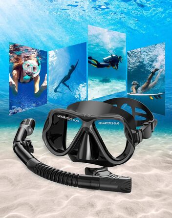 Набір для сноркелінгу QcoQce для дорослих, суха трубка з маскою для дайвінгу із загартованого скла із захистом від запотівання та протікання, панорамний вид та легке дихання для сноркелінгу та дайвінгу, чорний