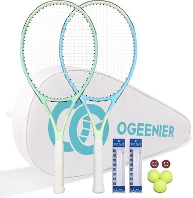 Тенісний набір OGEENIER Ocean Blue-Green 27" 2 ракетки 27 дюймів для чоловіків жінок дорослих початківці + 3 м’ячі + 2 грип-стрічки + 2 віброгасники + синьо-зелена сумка повний комплект на 2 гравців алюміній 280 г ITF-approved оригінал 2025