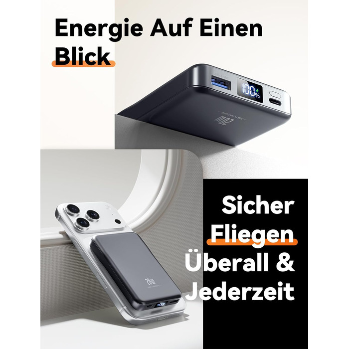 Зовнішній акумулятор MagSafe Power Bank, магнітний зовнішній акумулятор ємністю 10000 мАг без кабелю, швидка зарядка PD 20 Вт, бездротовий магнітний зарядний пристрій з входом/виходом USB-C, світлодіодний індикатор для iPhone 17/16/15/14/13/12/Pro/Pro Max