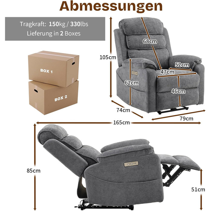 Крісло-реклайнер для телевізора LEADZM з бездротовою зарядкою, 1 порт USB, 1 порт зарядки USB-C, розкладне крісло для телевізора з масажем та підігрівом, бічні кишені, підсклянник (темно-сірий)