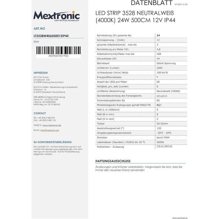 Світлодіодна стрічка Mextronic 3528, нейтральний білий (4000K), 24W, 500 см, 12V, IP44