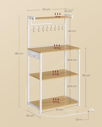Кухонна полиця VASAGLE з розетками, окремостояча полиця, полиця для мікрохвильової печі, 4 рівні та 8 S-подібних гачків, регульована полиця, тримач для кухонних пакувальних машин, 40 x 60 x 140 см, Золотий дуб-хмарно білий KKS014Y02 60B см Золотий дуб мат
