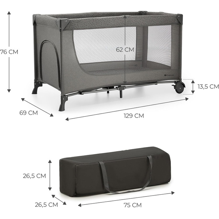 Дитяче ліжко Kinderkraft Joy 2, дорожнє ліжечко 2-в-1, дитячі ліжка, дитяче ліжко, дорожнє ліжечко, сучасний дизайн, малі розміри у складеному вигляді, колеса, темно-сірий колір Joy 2 Dark Grey