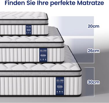 Матрац BedStory 90x200 см, пружинний матрац Pocket Spring, висота 31 см, ортопедичний матрац з комфортною піною, рівні жорсткості H3 та H4, пружинний матрац для дорослих, сертифікований ko-Tex та CertiPUR, 90x200 см, 31 см