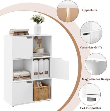 Книжкова полиця WOLTU, для кабінету, спальні та вітальні, книжкова шафа з 3 дверцятами та 6 відділеннями, полиця для зберігання, 59,6 x 91 x 29 см (Ш x В x Г) 6 кубічних дюймов (29Ш x 59,6Д x 91В см) Біла