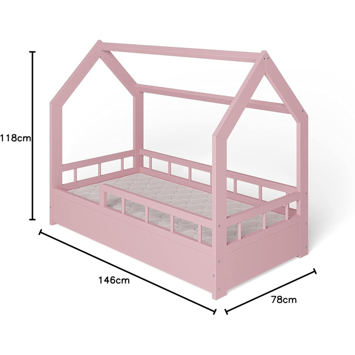 Дитяче ліжко ms factory house 70x140 см із захистом від падіння та рейковою основою - односпальне ліжко з соснової деревини для дівчаток та хлопчиків - Pink Pink Half Bed 70 x 140 см