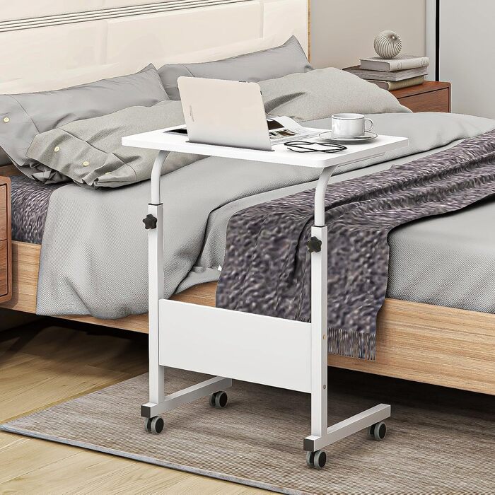 Регульований мобільний приліжковий столик SOGES Furniture 80 см, портативна підставка для ноутбука з тримачем для планшета, бічною полицею, стіл для ноутбука, регульована висота, компютерний стіл для роботи стоячи, білий