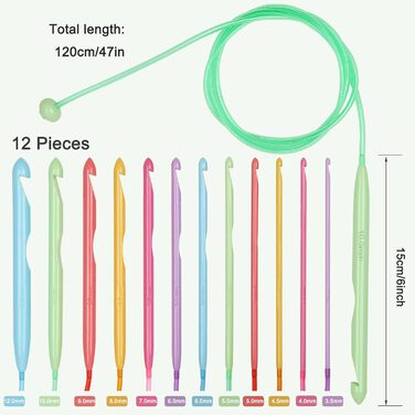 Туніські гачки для вязання з мотузкою, 3,5-12 мм, барвисті пластикові туніські гачки для вязання з аксесуарами для вязання, 120 см Туніські гачки для вязання для ковдр, килимів, светрів. Великі вязальні проекти, 12 шт.