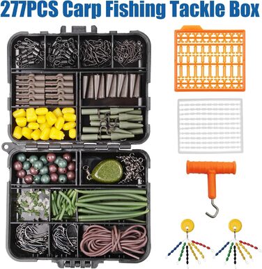 Набір снастей для лову коропа OROOTL, 277 предметів, коробка для риболовлі на коропа з аксесуарами, гачки для лову коропа, вертлюги, запобіжні затискачі, рукави проти заплутування