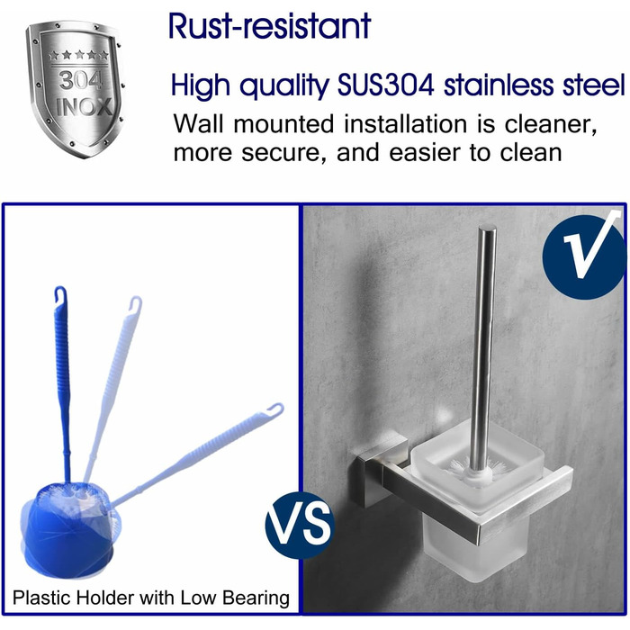 Туалетна щітка, щітка для унітазу та тримач з матовою нержавіючої сталі для настінного кріплення, матове покриття