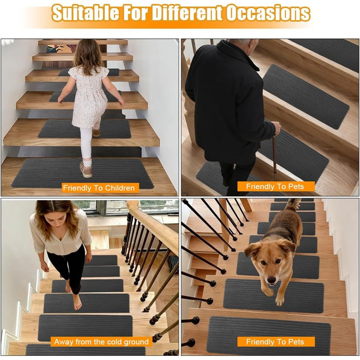 Килимків для сходів, 55x22 см, самоклеючі килимки для сходів у приміщенні, протиковзкі килимки для сходів, ріжучі, безпечний килимок для сходів для дітей, для літніх домашніх тварин, темно-сірий 55x22 см, темно-сірий, 15