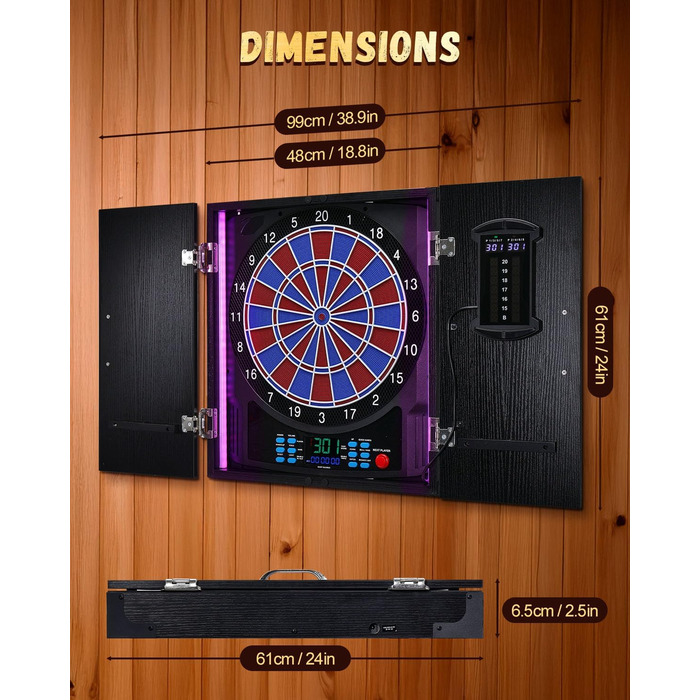 Електронна мішень для дартсу, декоративна шафа для електронної міші для дартсу 6 бронзових дротиків з м&39якими наконечниками, індивідуальне підсвічування для кожного гравця, професійна електронна мішень для дартсу з дерев&39яними дверцятами шафи, дизайн 