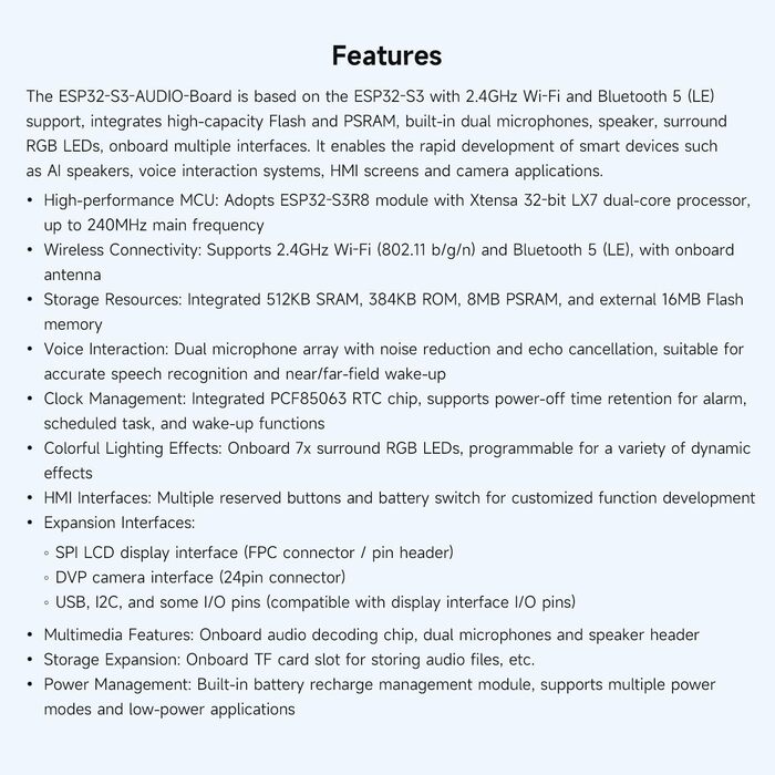 Плата розробки Waveshare ESP32-S3 зі штучним інтелектом, два мікрофони, шумозаглушення, RGB-підсвічування, підтримка зовнішнього дисплея та камери
