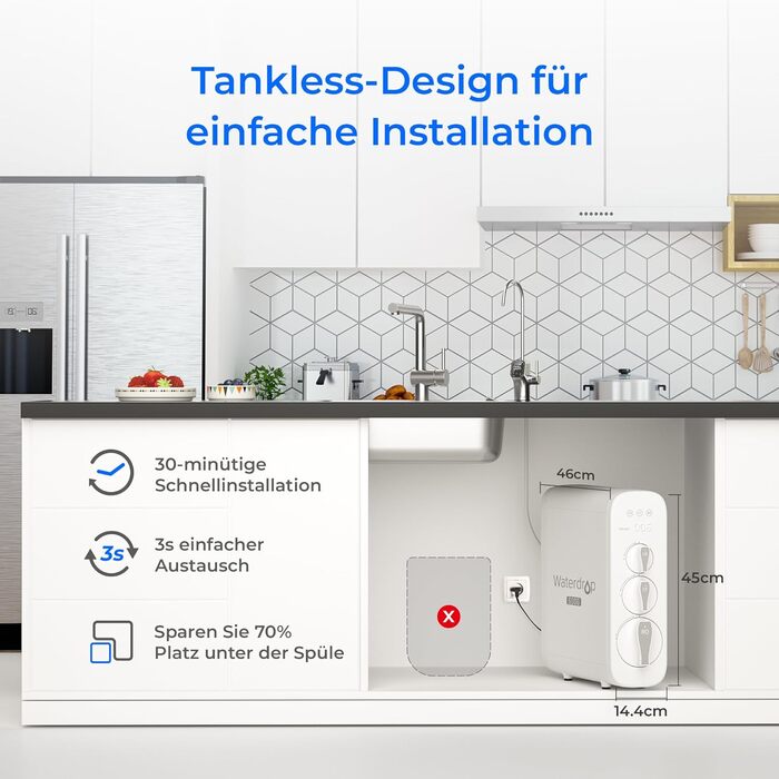 Система зворотного осмосу Waterdrop G3P600, 600 GPD, 8000 літрів, система зворотного осмосу під раковиною, зменшує TDS, 21 Pure to Drain, Smart LED кран