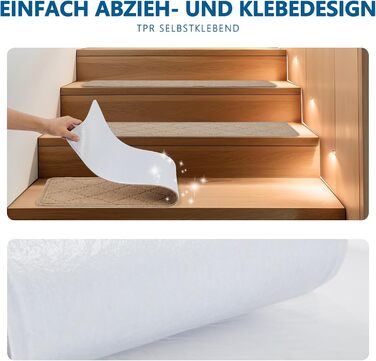 Килимові сходинки, нековзні, 20x76 см (15 шт.), килимова доріжка для сходів, багаторазовий клей для чистих, гладких сходів, захисний килимок для сходів для дітей, бежевий