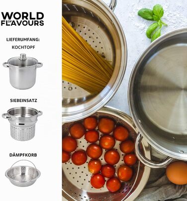 Каструля для пасти KitchenCraft World of Flavours з дуршлагом та паровою корзиною для овочів у подарунковій коробці, нержавіюча сталь, під індукцію, 4 л