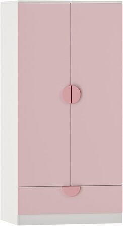 Дитяча шафа Sandnes з 2 дверима та 1 шухлядою, штанга для одягу, дитяча кімната, 123 x 60 x 40 см, рожевий/білий