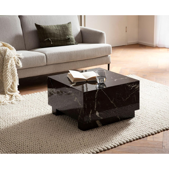 Кавовий столик FineBuy MONOBLOC, 60x60x35 см, високий глянець з мармуровим ефектом, кубоподібний стіл для вітальні, дизайнерський столик для дивана, кавовий столик для відпочинку, кубоподібний, чорний