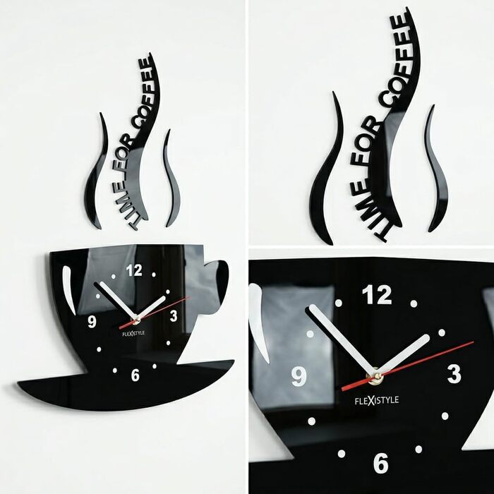 Настінний годинник FLEXISTYLE Tasse Zeit fr Kaffee для сучасної кухні, чорний, 3D римські цифри, декор, 32 x 19 см
