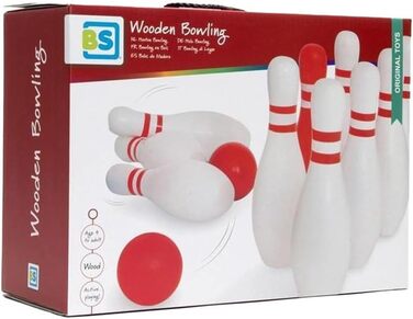 Дерев&39яний боулінг BS Toys - кеглі для дітей та дорослих - для використання в приміщенні та на вулиці - віком від 4 років - настільні ігри - ідеально підходить для дитячих днів народження - високоякісна деревина - червоно-білий набір (один)