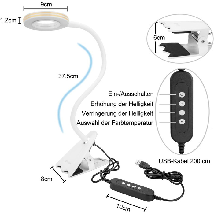 Письмовий стіл CeSunlight 10W Clamp Lamp, світлодіодна лампа для читання як приліжкова лампа, тепле світло, денне та біле світло 3 кольори, 10 режимів освітлення з регулюванням яскравості (адаптер у комплекті)