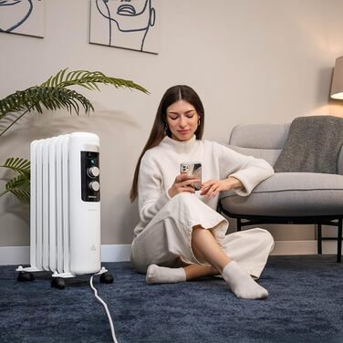 Електричний масляний радіатор Cecotec з низьким енергоспоживанням 7 модулів ReadyWarm 750 Space White. 1500 Вт, 3 рівні потужності, система безпеки та колеса, ідеально підходить для 15 м, білий