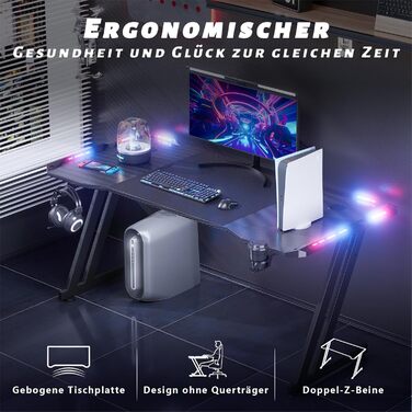 Ігровий стіл 120 x 60 см, Ігровий стіл зі світлодіодним підсвічуванням, Ігровий стіл для ПК з вуглецевим волокном, Міцний комп&39ютерний стіл для ігор з гачком для навушників та підставкою для чашок, Чорний