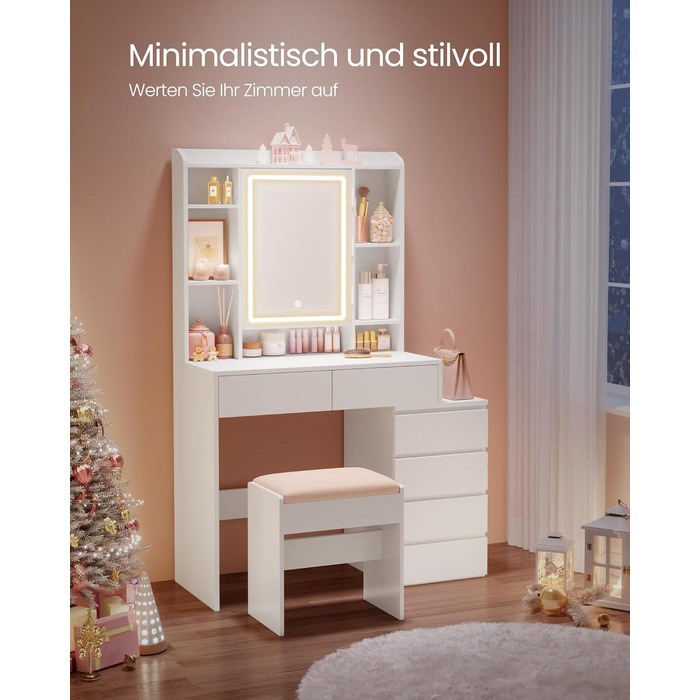 Колекція Kailyn - Туалетний столик зі світлодіодним освітленням, 3 регульовані кольори світла, туалетний столик з дзеркалом, шухляди, відкриті відділення, з табуретом, регульовані полиці, хмарно-білий RDT125W01 Сучасний 97.5W см
