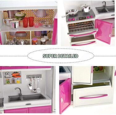 Іграшкові меблі для лялькової кухні, ляльковий будиночок для дітей, реалістичне світло та звуки з робочою варильною поверхнею, духовкою, раковиною, дверцятами холодильника та безліччю аксесуарів, іграшка 40 x 30 см