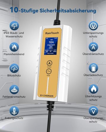 Зарядний кабель RamTouch для електромобілів типу 2 Schuko (3,7 кВт, 6,5 м), мобільна настінна коробка Schuko з регульованою та зап